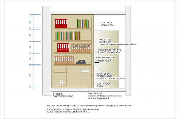 Elevation plan 2D Bibliothèque chêne laquage Alexandra Gilson